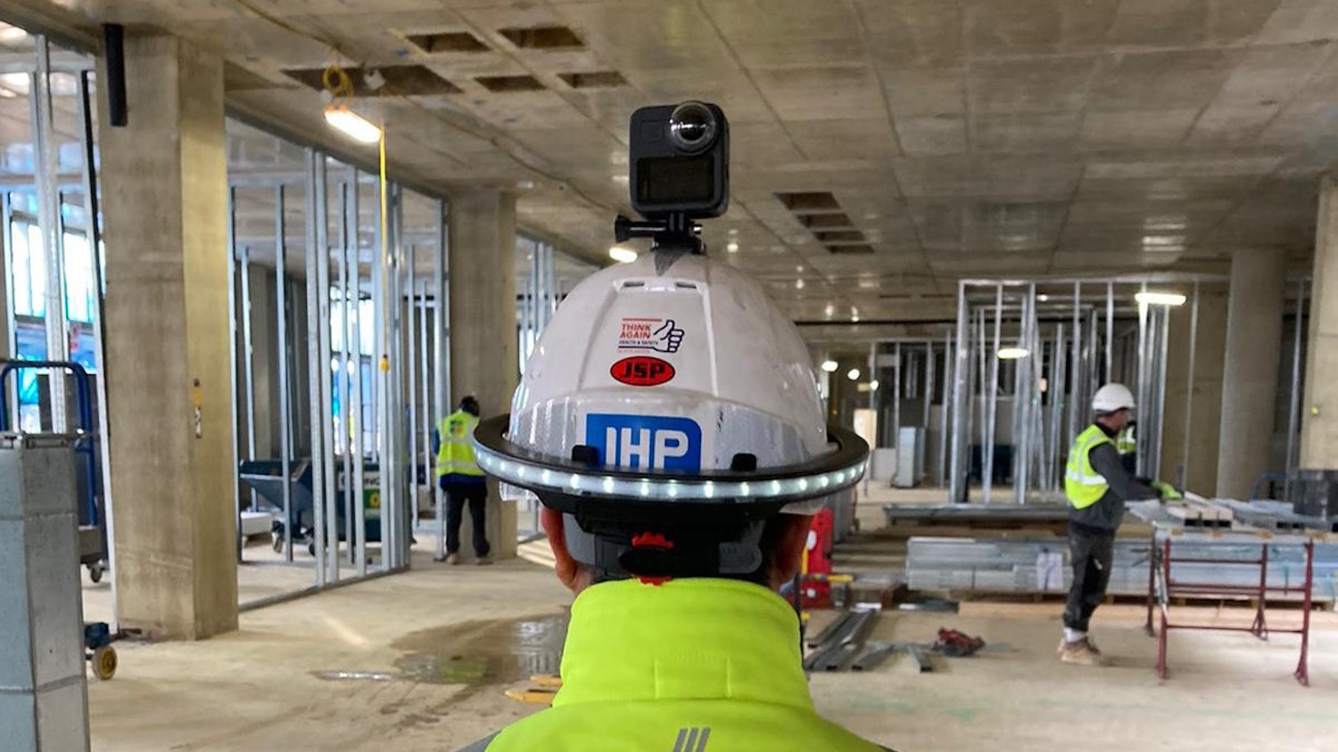 A Buildots hard hat-mounted camera on the Bournemouth Hospital project (image: Buildots).