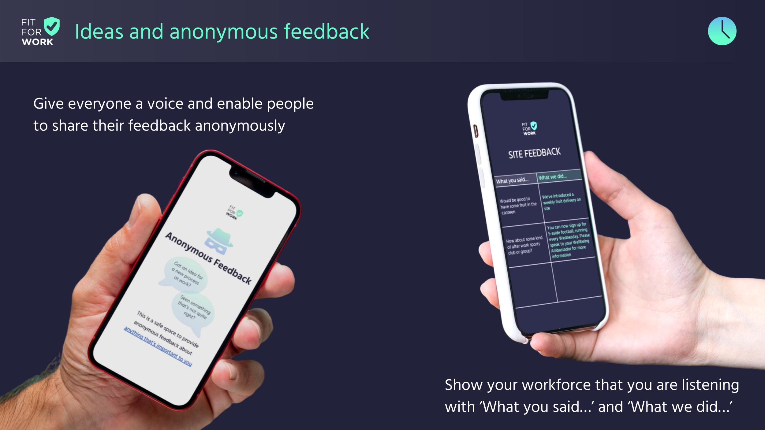 The Fit for Work app allows for anonymity when reporting near misses or other safety knowledge without the risk of being victimised
Health Safety and Wellbeing