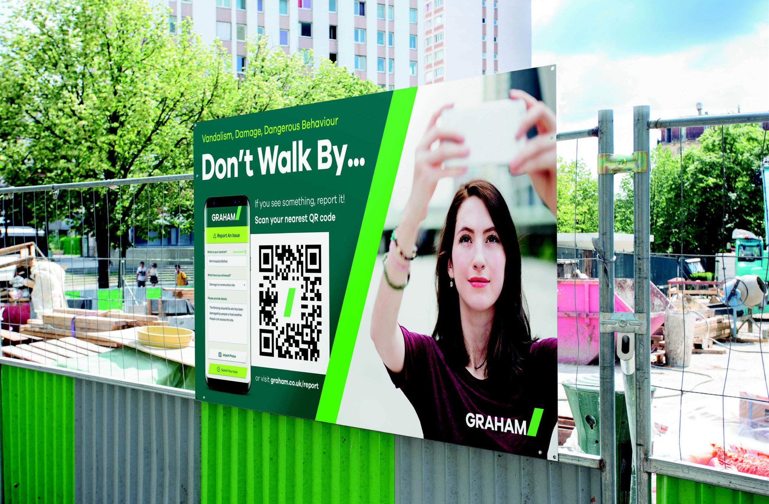 An outdoors sign with a QR code for CORA: Graham's in-house designed SHE portal.