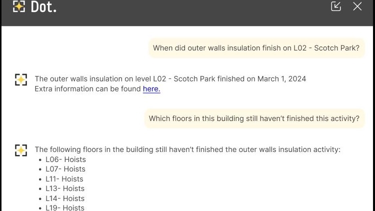 A screen grab of Buildots Dot GenAI digital assistant in action
