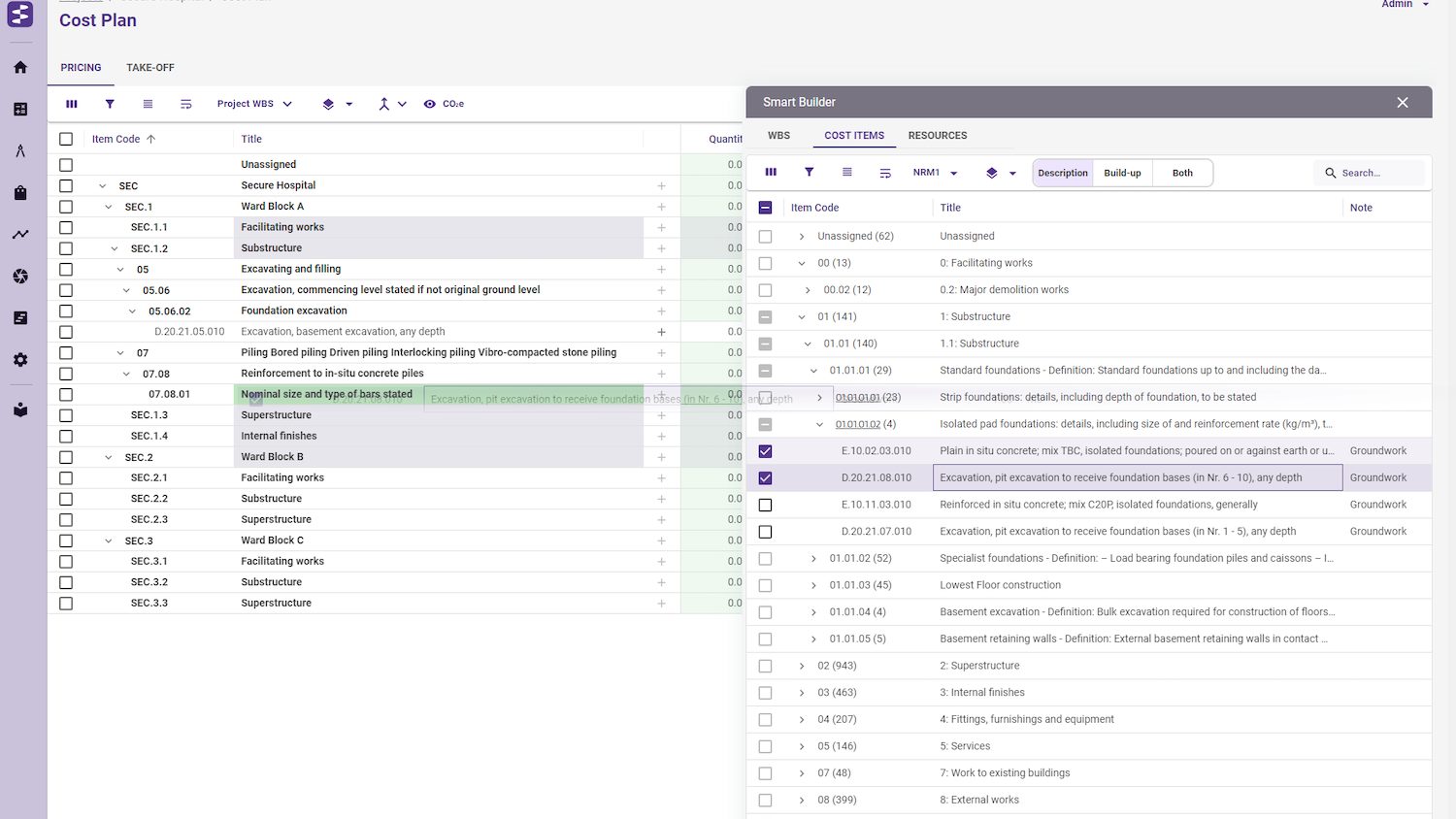 A screen grab of Sterling Smart Builder estimation software