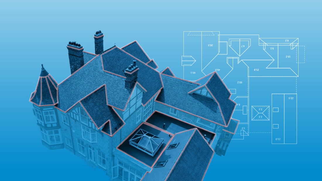 A model scan of a building with pitched roofs for BMI story