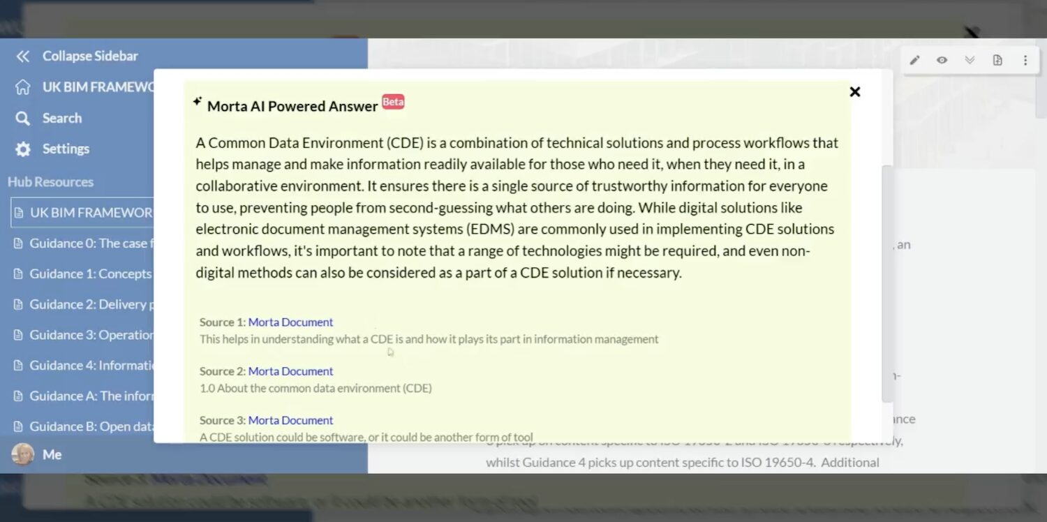 Screen grab of the UK BIM Framework AI search tool in action